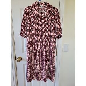 J.Jill Shirt Dress Size 12 Red White Black Geometric Print Midi Button Up Belt